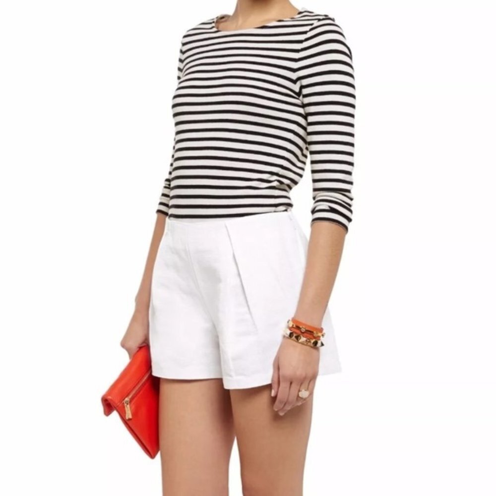 Tory Burch Georgina Silk Linen Cotton Blend High Waist Pleated Shorts